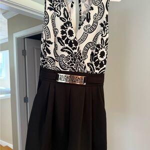 Chic Black and White Paisley Jumpsuit with Metallic Belt